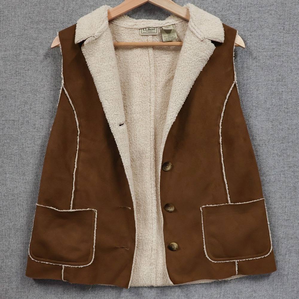 LL Bean Shearling Vest Women M Sherpa Faux Suade Pockets Neutral Preppy Outdoor
